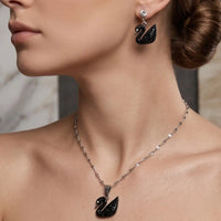 Silver Plated Black Crystal Swan Pendant Necklace & Earrings Set