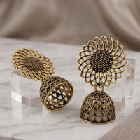 Antique gold sunflower filigree stud jhumka earrings with geometric lattice dome by Trivo Essentials