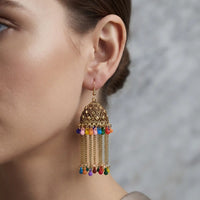 Antique gold carved jhumka earrings with long multi-color bead tassel chains by Trivo Essentials