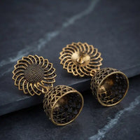 Antique gold sunflower filigree stud jhumka earrings with geometric lattice dome by Trivo Essentials