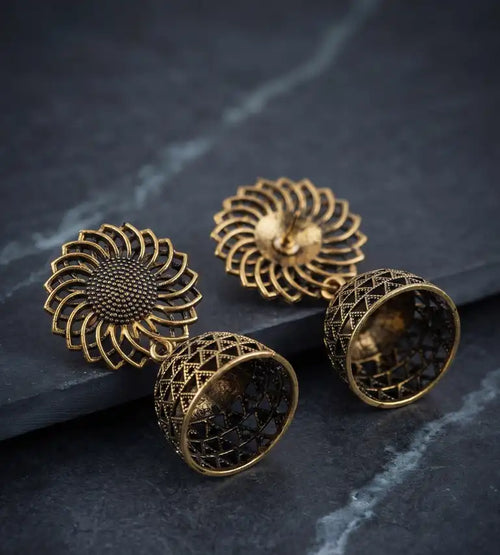 Antique gold sunflower filigree stud jhumka earrings with geometric lattice dome by Trivo Essentials