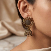 Antique gold sunflower filigree stud jhumka earrings with geometric lattice dome by Trivo Essentials