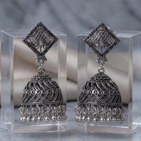Antique oxidized silver square filigree stud jhumka earrings with ghungroo drops by Trivo Essentials