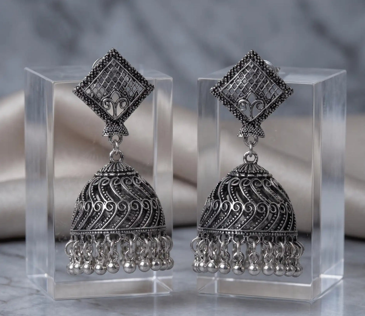Antique oxidized silver square filigree stud jhumka earrings with ghungroo drops by Trivo Essentials