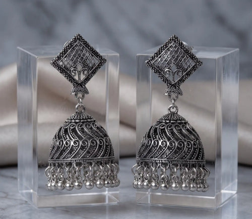 Antique oxidized silver square filigree stud jhumka earrings with ghungroo drops by Trivo Essentials