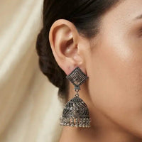 Antique oxidized silver square filigree stud jhumka earrings with ghungroo drops by Trivo Essentials