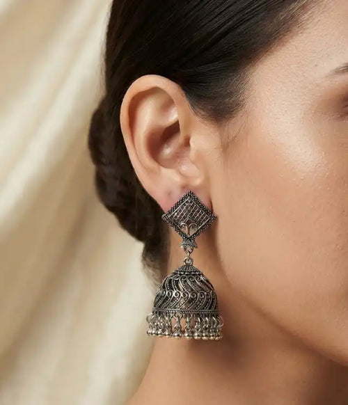 Antique oxidized silver square filigree stud jhumka earrings with ghungroo drops by Trivo Essentials