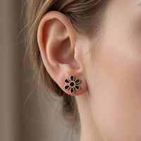 Gold plated black enamel floral daisy 6-petal stud tops earrings by Trivo Essentials