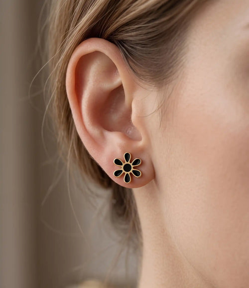 Gold plated black enamel floral daisy 6-petal stud tops earrings by Trivo Essentials