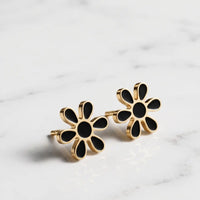 Gold plated black enamel floral daisy 6-petal stud tops earrings by Trivo Essentials