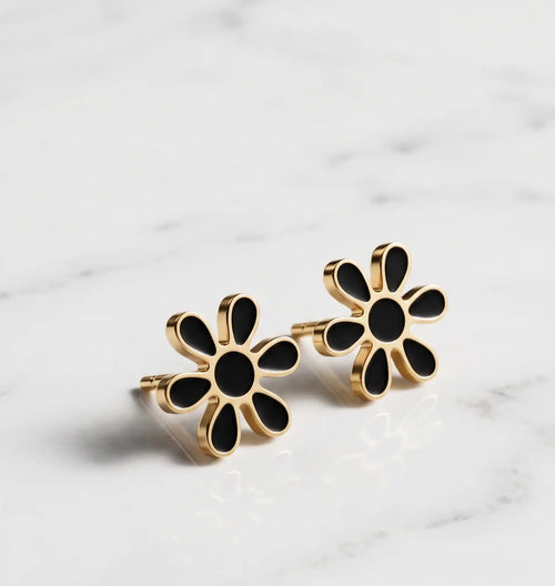 Golden Plated Black Flower Enamel Stud Earrings