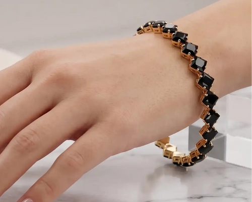 Gold plated tennis bracelet with square princess-cut jet black onyx CZ stones by Trivo Essentials