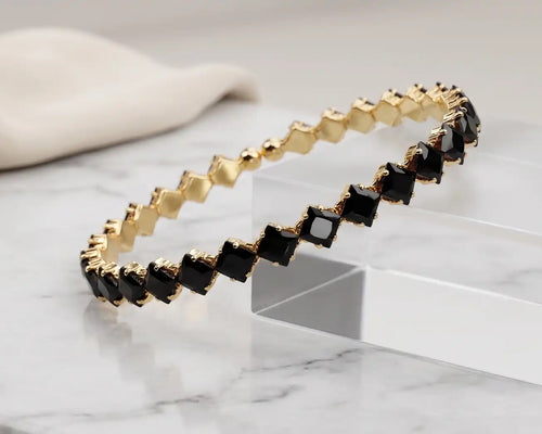 Golden Plated Black Onyx Square CZ Tennis Bracelet Kangan