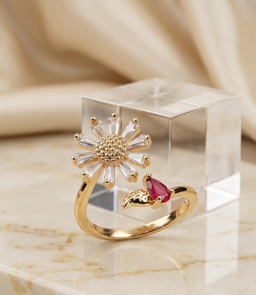 Golden Plated Crystal Sunflower Ring with Ruby Red Accent