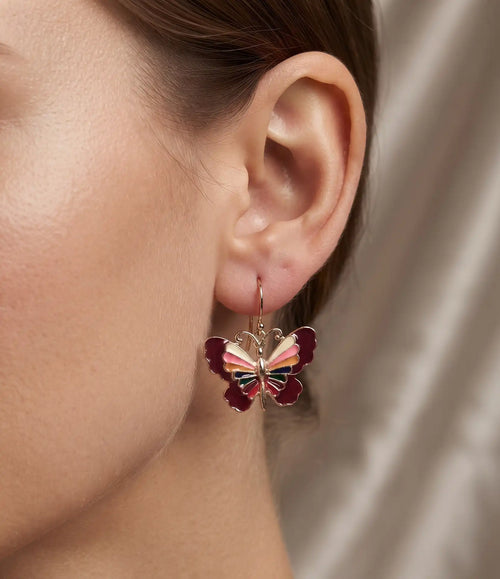 Gold plated multi-color enamel butterfly drop wire hook earrings pair by Trivo Essentials