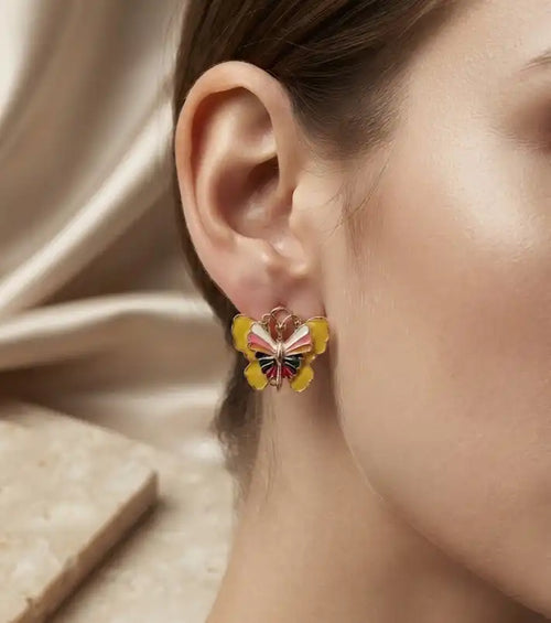 Colorful enamel gold plated butterfly clip-on stud earrings by Trivo Essentials