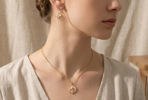 Gold plated floral enamel round pendant necklace with matching pearl moti earrings set by Trivo Essentials