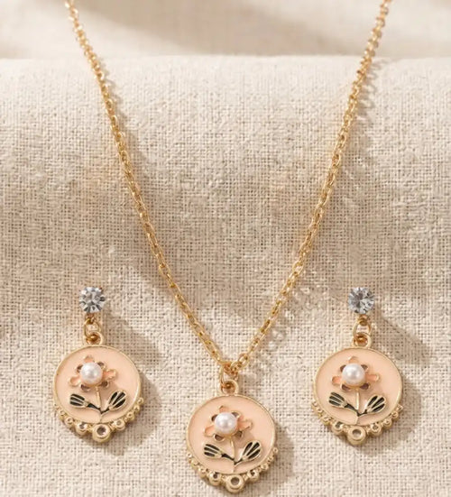 Golden Plated Floral Enamel Pendant Necklace & Moti Earrings Set