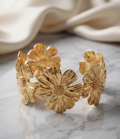 Golden Plated Floral Statement Open Cuff Bracelet Kara