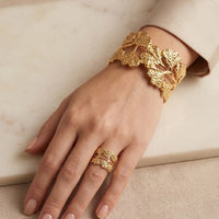 Gold plated textured ginkgo leaf open cuff bangle kara and matching ring set by Trivo Essentials