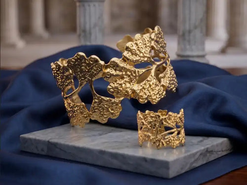 Golden Plated Textured Ginkgo Leaf Cuff Bangle & Matching Ring Set