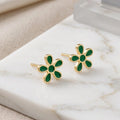 Golden Plated Green Flower Enamel Stud Earrings