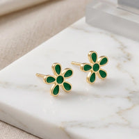 Gold plated green enamel floral 6-petal stud tops earrings by Trivo Essentials