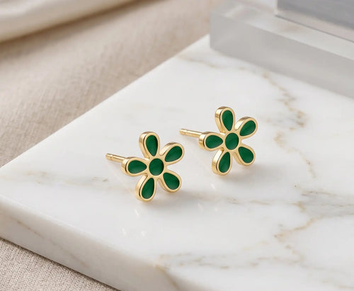 Golden Plated Green Flower Enamel Stud Earrings