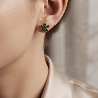 Gold plated green enamel floral 6-petal stud tops earrings by Trivo Essentials