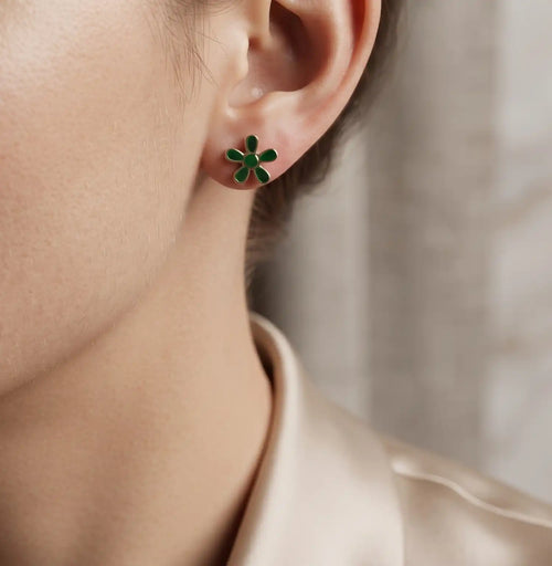 Gold plated green enamel floral 6-petal stud tops earrings by Trivo Essentials