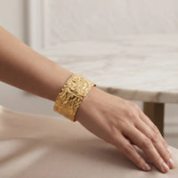 Gold plated wide open cuff bracelet kara with handcrafted hammered texture by Trivo Essentials