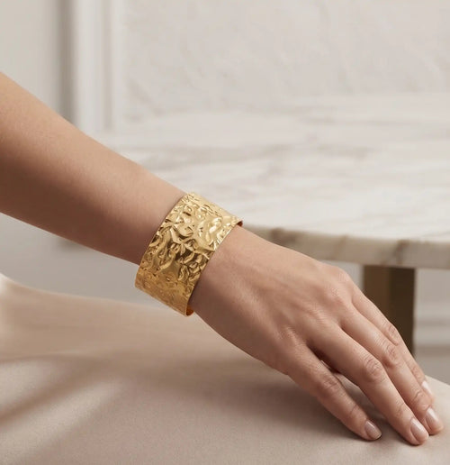 Gold plated wide open cuff bracelet kara with handcrafted hammered texture by Trivo Essentials