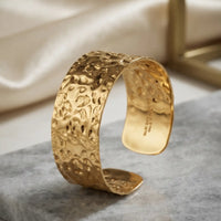 Gold plated wide open cuff bracelet kara with handcrafted hammered texture by Trivo Essentials