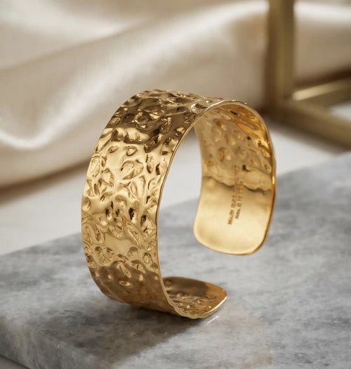 Golden Plated Hammered Texture Wide Open Cuff Bracelet Kara
