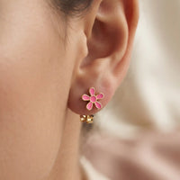 Gold plated pink enamel floral daisy 6-petal stud tops earrings by Trivo Essentials