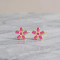 Golden Plated Pink Flower Enamel Stud Earrings