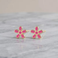 Gold plated pink enamel floral daisy 6-petal stud tops earrings by Trivo Essentials