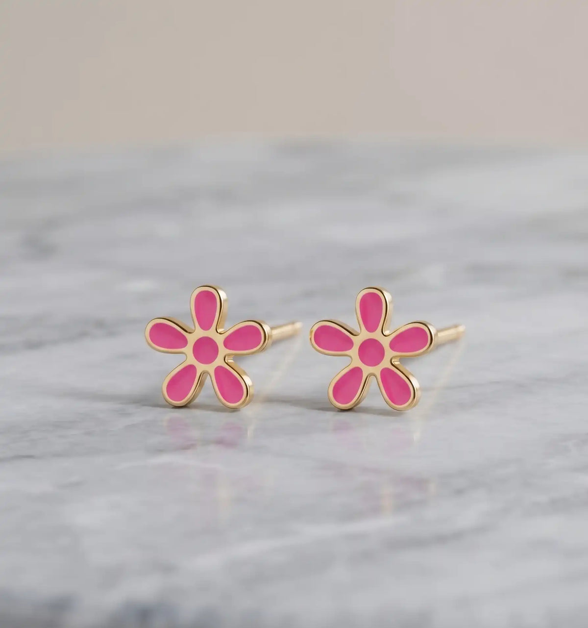 Gold plated pink enamel floral daisy 6-petal stud tops earrings by Trivo Essentials