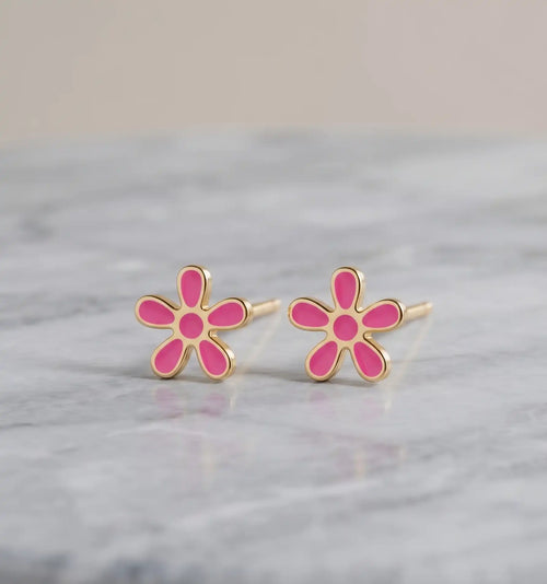 Golden Plated Pink Flower Enamel Stud Earrings