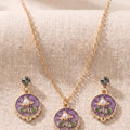 Golden Plated Purple Floral Enamel Pendant Necklace & Moti Earrings Set