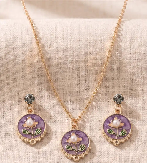 Golden Plated Purple Floral Enamel Pendant Necklace & Moti Earrings Set