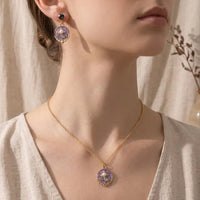 Gold plated purple floral enamel round pendant necklace with matching pearl moti earrings set by Trivo Essentials