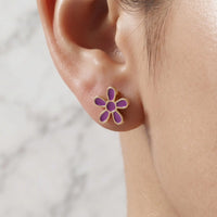 Gold plated purple enamel floral daisy 6-petal stud tops earrings by Trivo Essentials