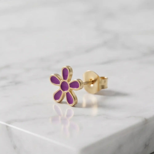 Golden Plated Purple Flower Enamel Stud Earrings