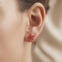 Gold plated red enamel floral daisy 6-petal stud tops earrings by Trivo Essentials
