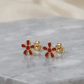 Golden Plated Red Flower Enamel Stud Earrings
