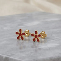 Gold plated red enamel floral daisy 6-petal stud tops earrings by Trivo Essentials