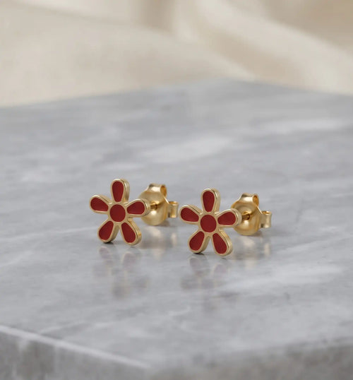 Golden Plated Red Flower Enamel Stud Earrings