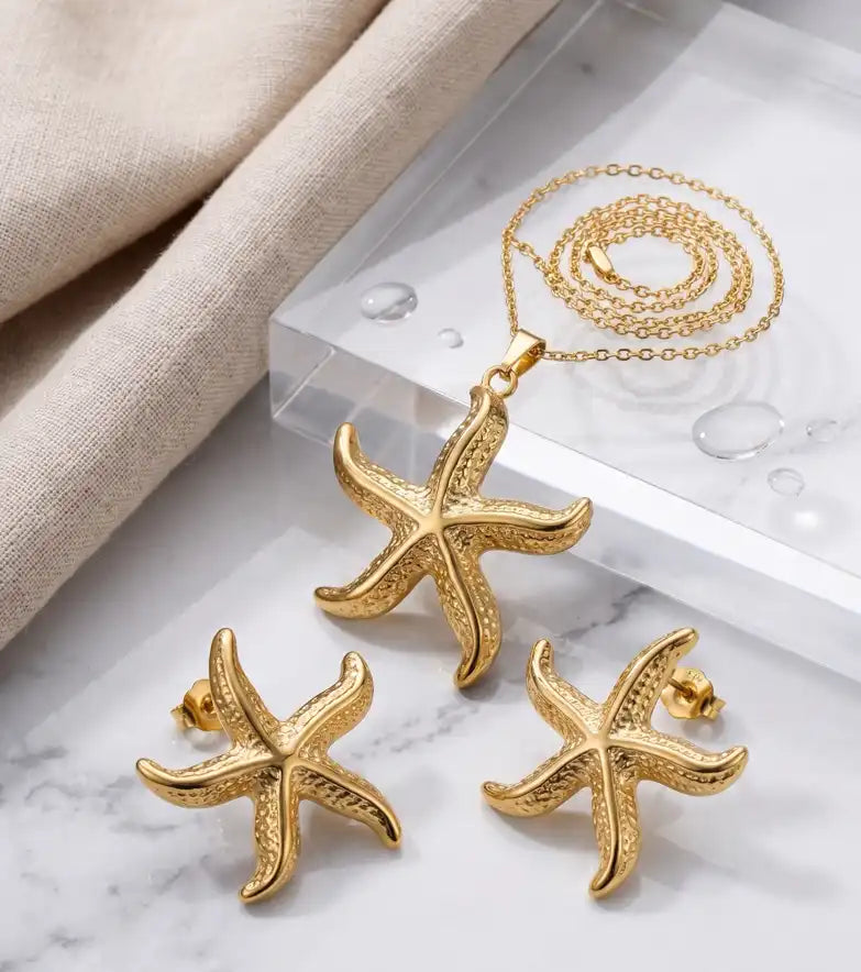 Gold plated starfish pendant necklace and matching stud tops set by Trivo Essentials