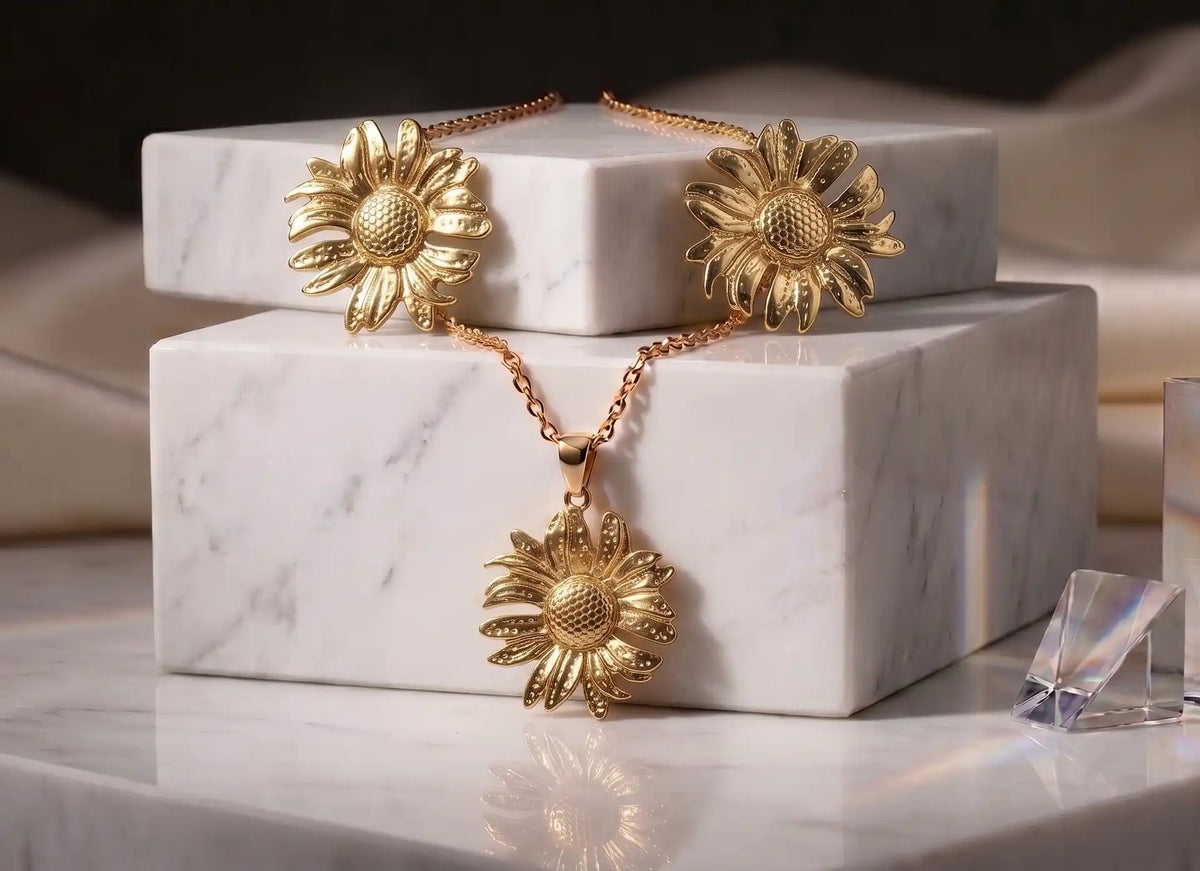 Gold plated sunflower pendant necklace and matching floral tops set by Trivo Essentials